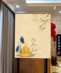 Rèm che ban thờ in tranh họa tiết hoa sen mã RCBT - 036