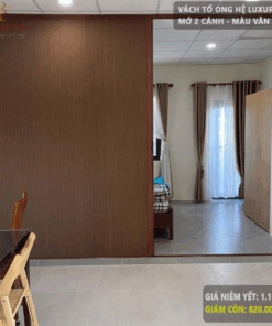 Vách rèm tổ ong ngăn phòng- Hệ Luxury 3.0 – Mở 2 cánh – Màu vân gỗ
